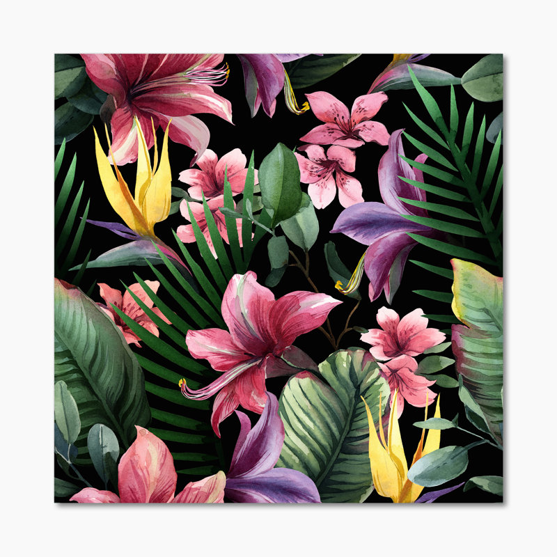 Fleurs tropicales rouges sur fond noir II - reproduction d'art sur toile traditionnelle, H 36 po x l 36 po x P 1 po