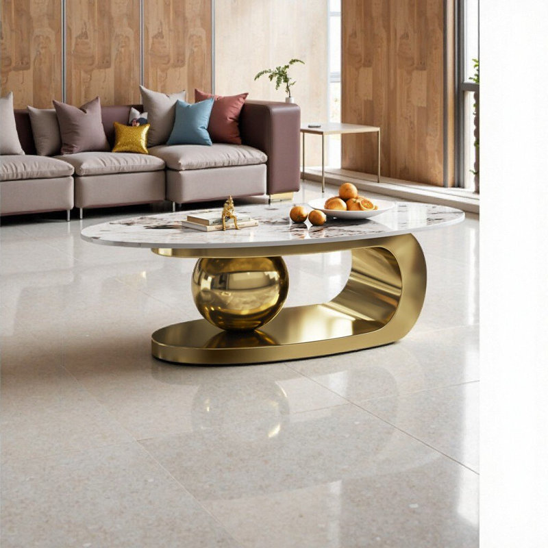 Table basse 49,2 po ovale en faux marbre avec base en acier inoxydable et support central à billes - Centre de table de luxe moderne (assemblage minimal)