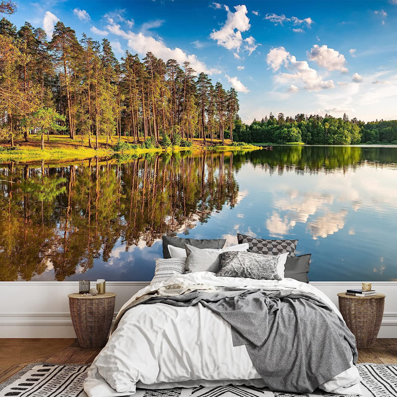 Adhésif peint à la main magnifique lac de la forêt au coucher du soleil, L 66 po x l 96 po