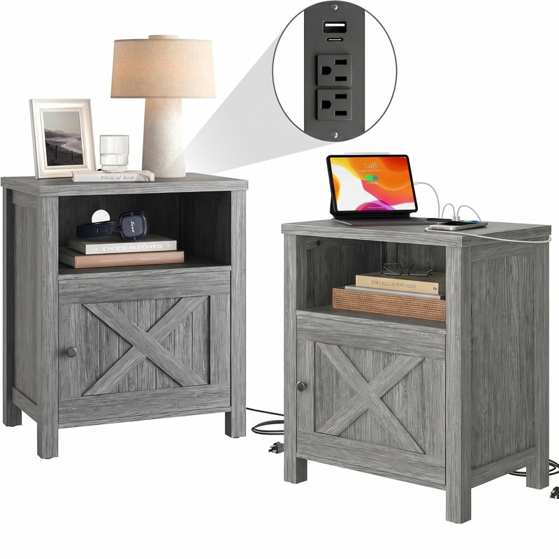 Farmhouse Nightstand Side Table With Electrical Outlets Charging Station,Bedside Table With Open Shelf And Barn Door Storage For Bedroom Room,2 Pack
