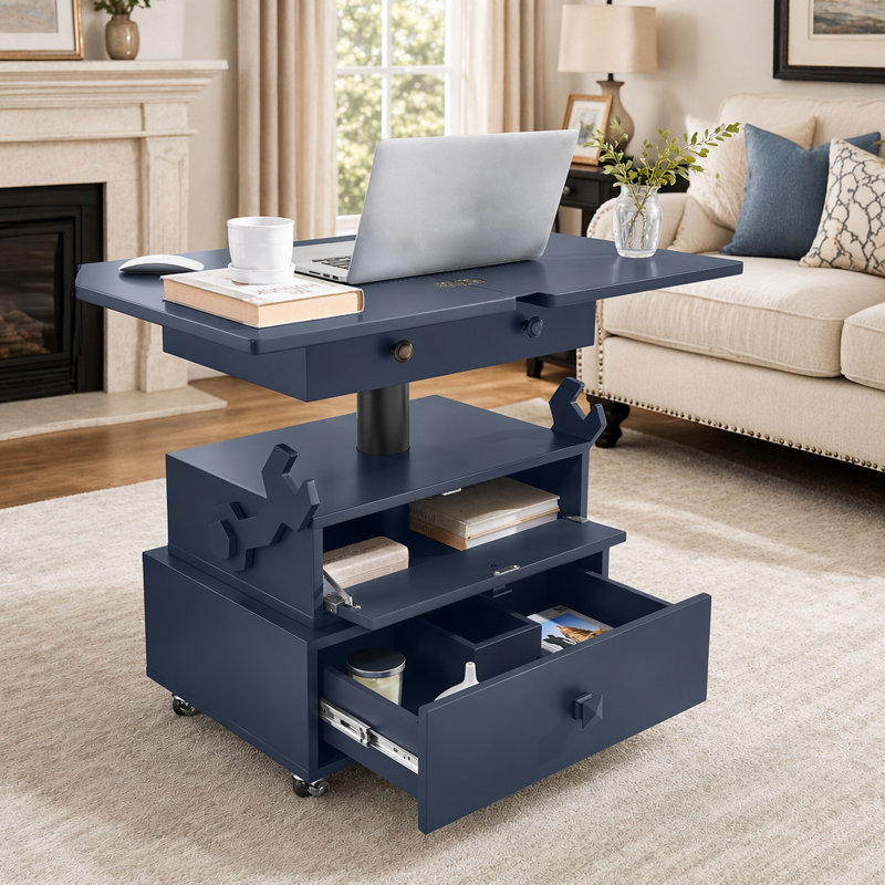 Table de bout roulante à hauteur ajustable laquée ultrabrillante avec station de charge et roues universelles avec freins, table à plateau relevable multifonctionnelle avec tiroirs de rangement pour la chambre à coucher du salon