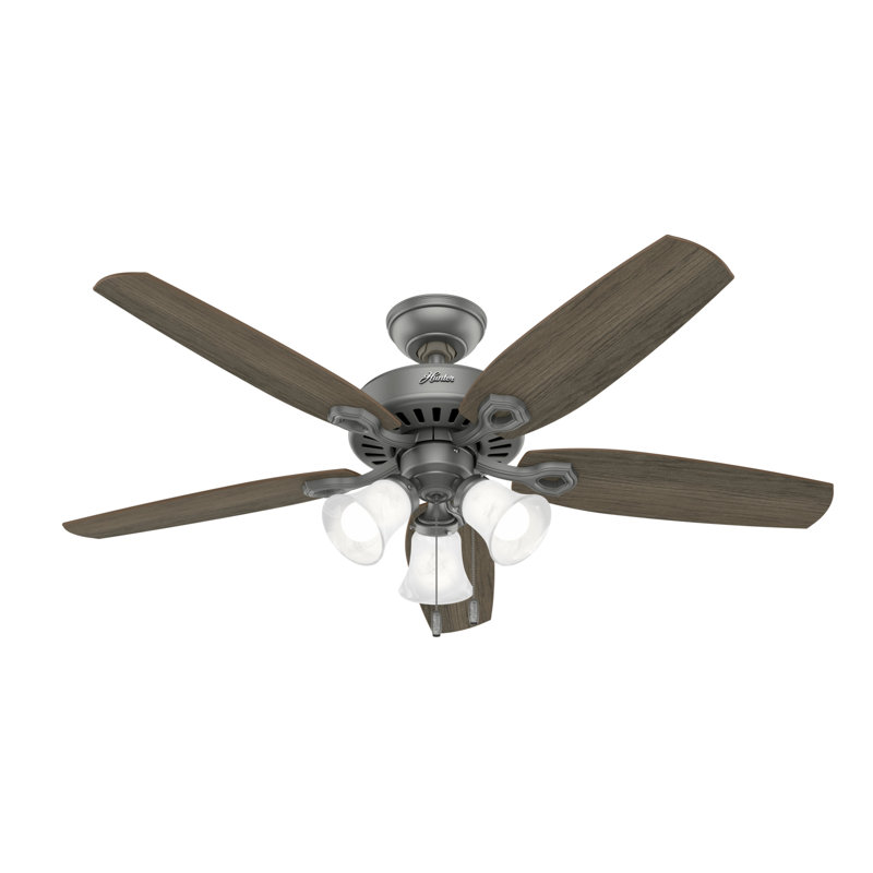 Builder Plus 52"  5 - Blade Standard Ceiling Fan with Pull Chain and Light Kit Included, Matte Silver