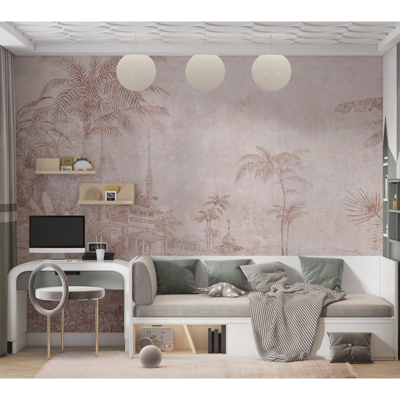 Papier peint botanique - Paysage avec temple, L 110 po x l 157 po