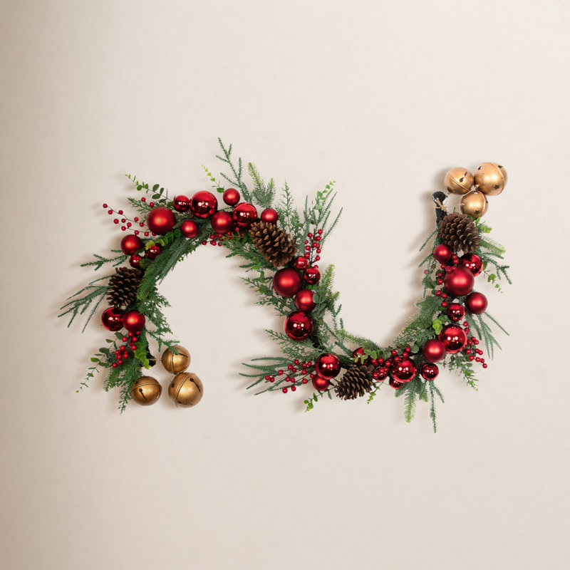 Mixed Foliage With Jingle Bells And Ornaments Artificial Christmas Garland - 6' X 8" - Unlit