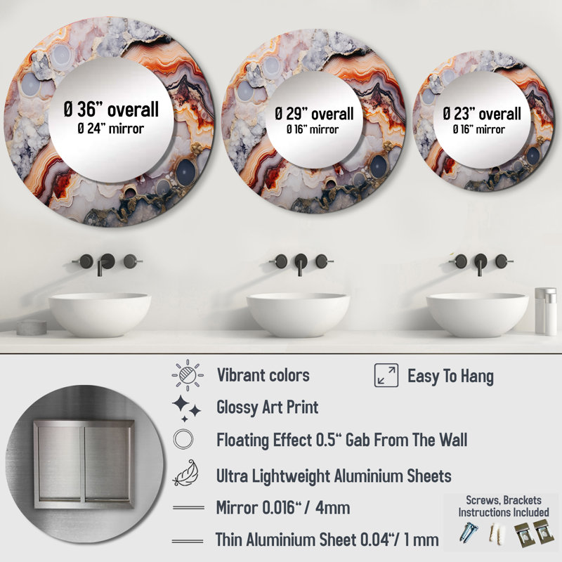 Beige And Peach Stone Geode Simplicity - Stone Geode Large Wall Mirror, Beige Round Unique Mirror, Printed Metal Art