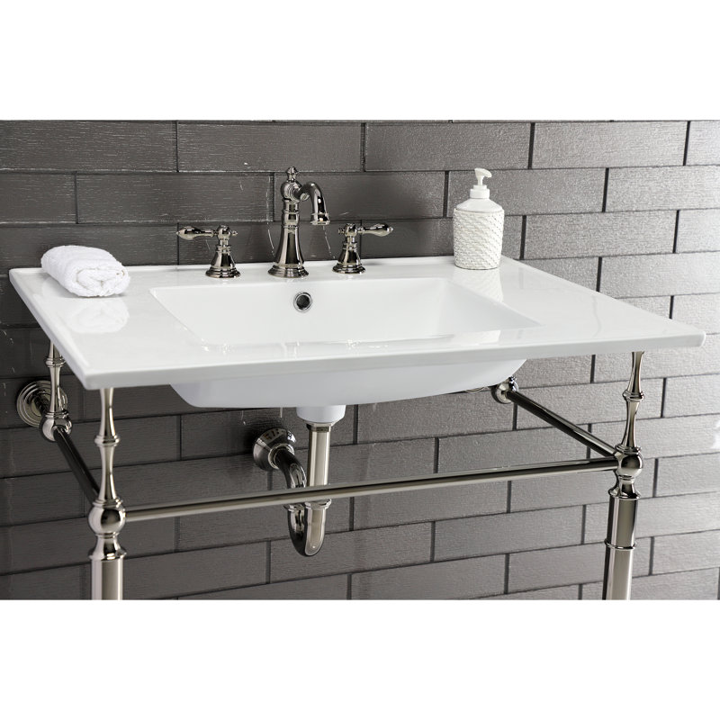 Kingston Brass American Classic Two-Handle 3-Hole Deck Mount Widespread Bathroom Faucet with Brass Pop-Up Drain