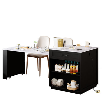 Kitchen Island With Extendable Feature For 4-6, Black Wood Grain Cabinet, 2 Side Shelves, 1 Port, Adjustable Ac Outlets Table 2-6, Grain, Double Drawers, Storage Compartment, Power Supply