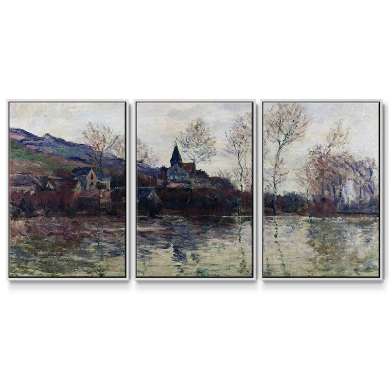 Flood at Giverny, 1886, reproduction d'art sur toile encadrée 3 pièces, Blanc, H 40 po x l 78 po x P 2 po