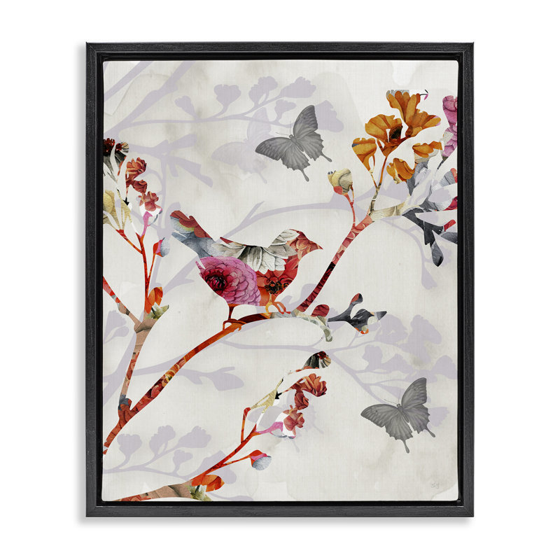 «Birds & Butterflies Nature», art mural sur toile par Susan Jill, Cadre flottant noir de jais, H 21 po x l 17 po