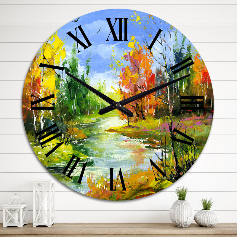 Paysage d'automne avec rivière sous un ciel bleu - horloge murale, Moyen