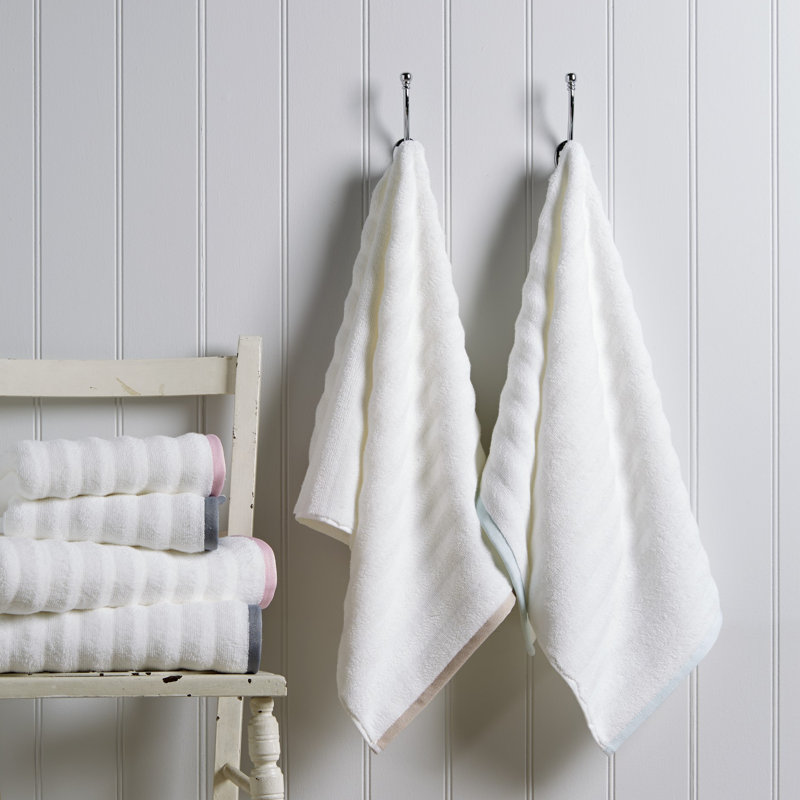 Macy Cotton Plush Ribbed Hand Towel, White/Grey