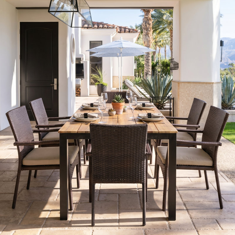 Serenity 6 - Person Acacia Wicker Patio Dining Set with Rectangular Table , Cushions Included
