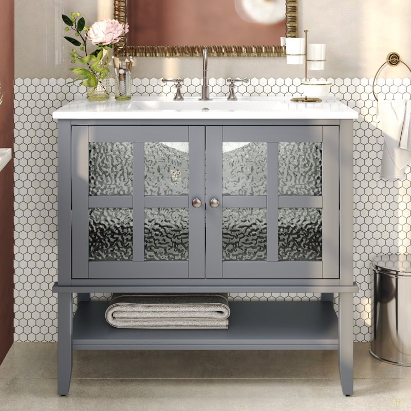 Meuble-lavabo 36 po avec lavabo en céramique, Gris