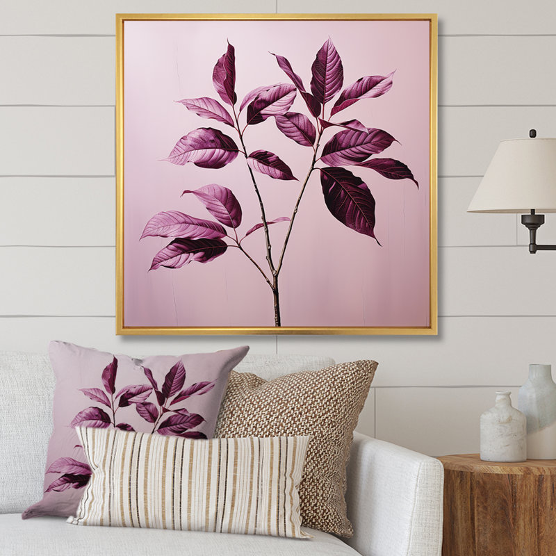 Impression sur toile, feuilles mauves et prune, H 16 po x l 16 po x P 1 po, Cadre flottant doré