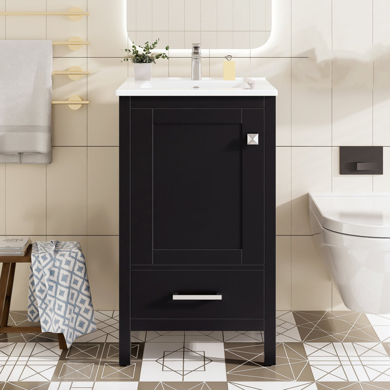Meuble-lavabo moderne de 20 pouces avec lavabo en céramique, tiroirs et portes à fermeture douce, support de rangement intérieur à double porte, noir