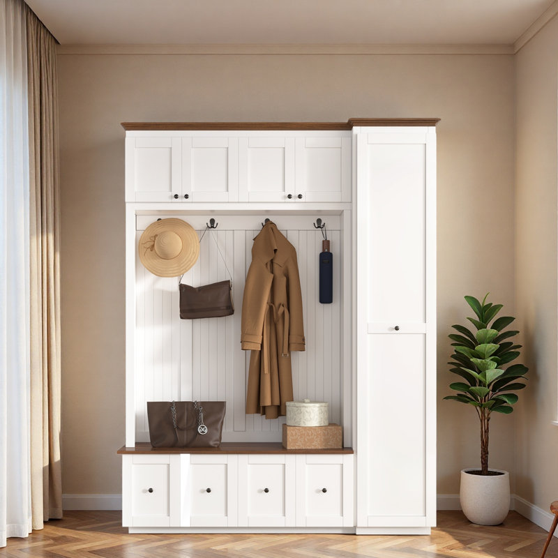 78.7''H Entryway Hall Tree with Storage Bench, 5-in-1 Hall Tree Farmhouse Coat Rack Shoe Bench with Cabinets, White