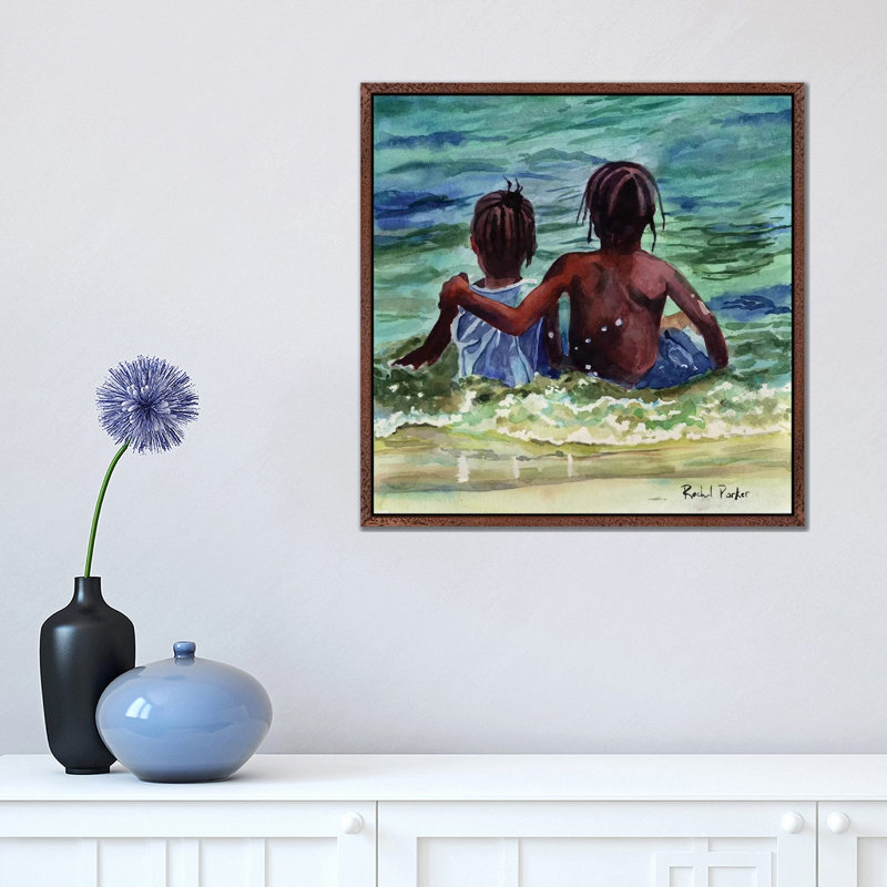 Caribbean Kids by Rachel Parker - Painting on Canvas, Classic Brown Wood Framed, 45.72cm H x 45.72cm W x 3.81cm D
