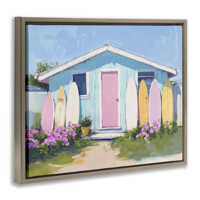 Cabine avec planches flottantes de planches de surf pastel, design par Arlington Prints, Cadre flottant orme Montalcino