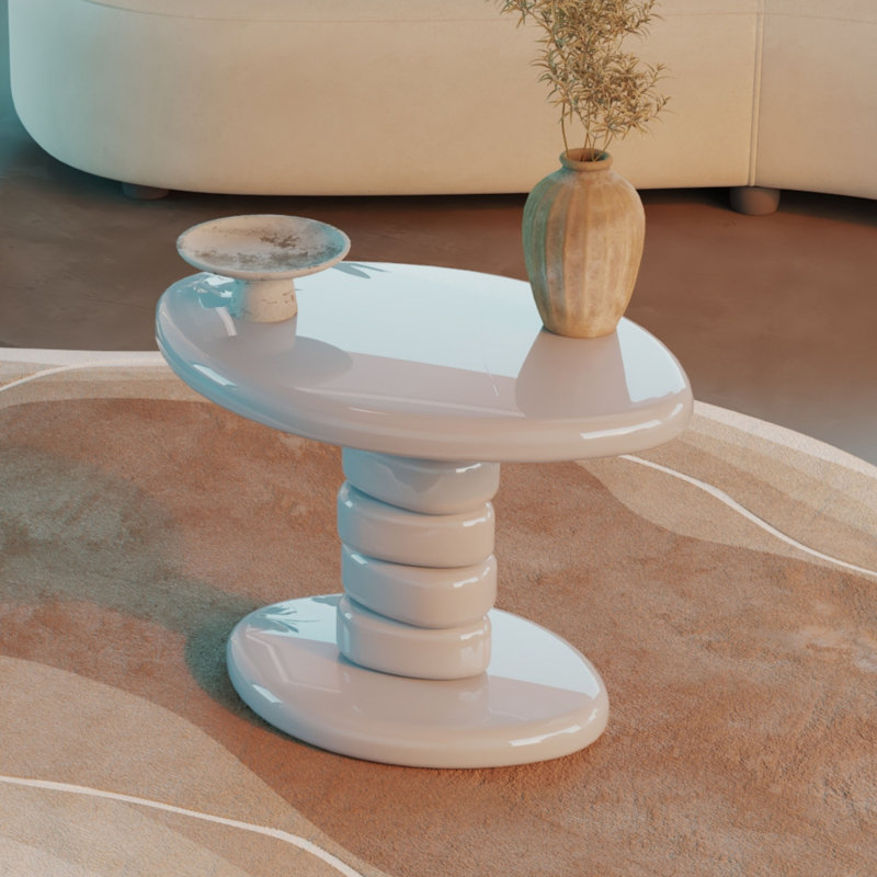 22.6"L Modern Stacked Cobblestone End Table – High Gloss Finish, Composite Wood, Sculptural Design, Gray