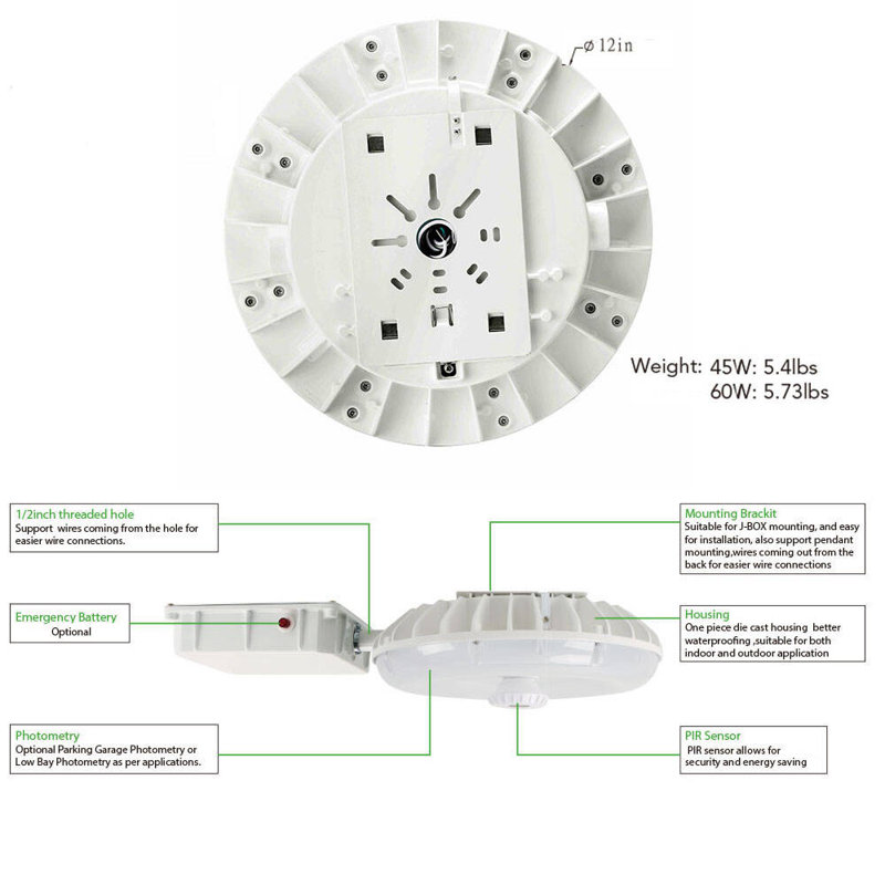 Round LED Garage Canopy Light With Motion Sensor 45W 5000K 120-277V Dimmable White Housing Fixture