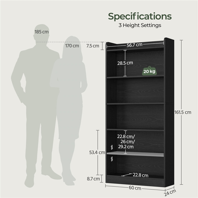 Standard Bookcase, Black, (6 Shelves) 160" H x 60" W x 24" D
