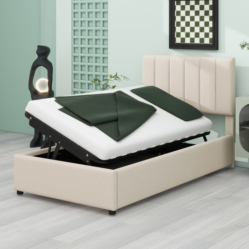 Lit plateforme tapissier avec système de rangement hydraulique, Beige