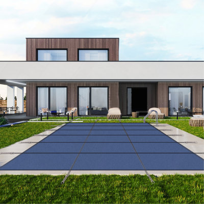 Couverture de sécurité hivernale pour piscine creusée de 16 x 32 pi (dimensions de la couverture : 18 x 34 pi), couverture de piscine en maille bleue robuste à triple couture