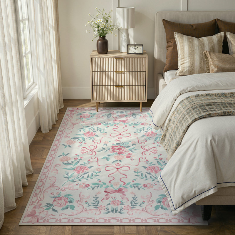 Tapis lavable Kaldi Vintage Floral, motif ruban romantique, à poils courts et antidérapant, idéal pour le salon, la chambre et la salle à manger.