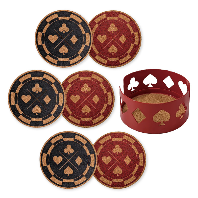 Cork Round 6 Piece Coaster Set With Holder, Red