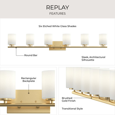 Replay Collection 6-Light Brushed Gold Vanity Light with Etched Glass Shades