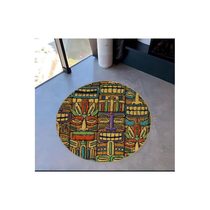 Multicolored Ethnic Masks Patterned Round Woven Base Vintage Decorative Carpet, Round 5'