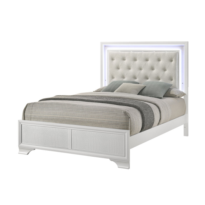 Lit à panneau contemporain pour lit double, tête de lit tapissier à boutons avec DEL, finition texturée, givré et avoine, lit moderne pour la chambre à coucher, Design,
