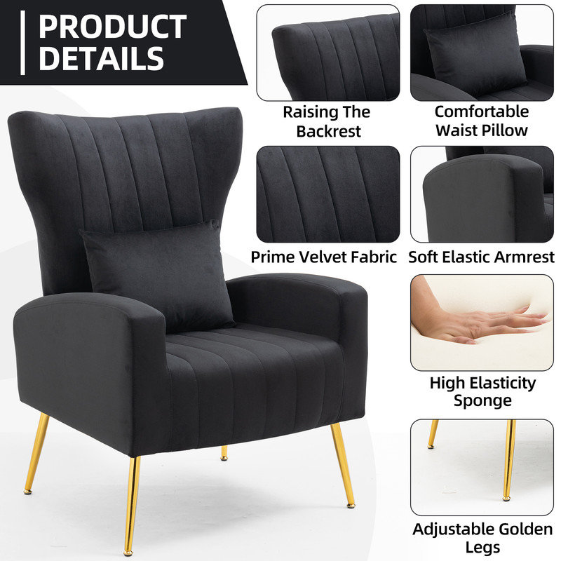 Black Velvet Wingback Accent Chair Set with Gold Legs
