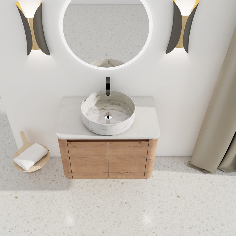Meuble-lavabo mural moderne avec lavabo d'art en céramique et 2 portes à fermeture douce, 30", Gris / Blanc