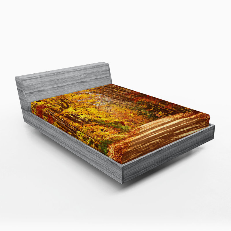 Ambesonne Fall Fitted Sheet 2-Pack Scenic Outdoors Empty Road Redwood Yellow Orange, Full Fitted Sheet