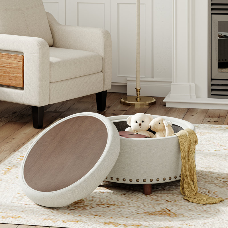 Repose-pieds 25 po avec rangement capitonné rond et coussin capitonné, Beige