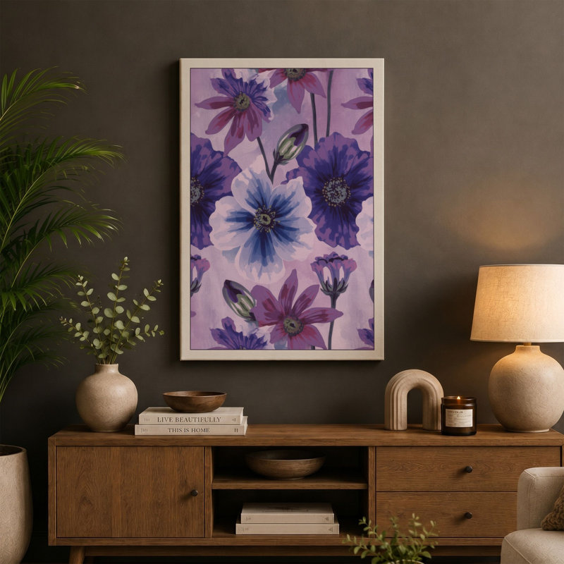 Purple Daisy Sprinkle Botanical - Wrapped Canvas, 18x12 - 45.7 x 30.5 cm, Cream Border