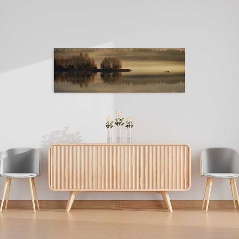 «Misty Lake Morning Peaceful Serene Tranquil Autumn Forest», art mural, H 16 po x l 48 po