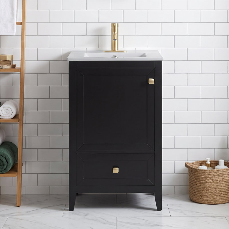 Meuble-lavabo autoportant de 51 cm (20 po) en MDF noir avec lavabo simple, porte à fermeture amortie et tiroir de rangement