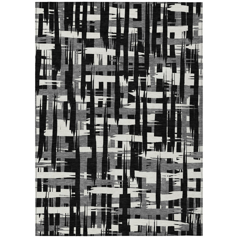 Tapis noir intérieur / extérieur lavable à la machine, Rectangle 5 pi x 7 pi 6 po
