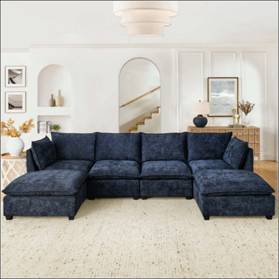 Cloud Couch Sectional Sofa, Chenille 4-Seat Sleeper with Deep Seating, 2 Ottomans & Throw Pillows for Living Room