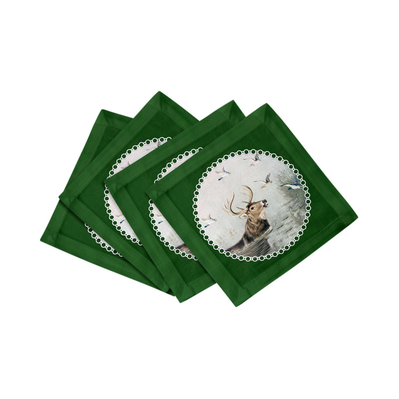 English Stag Cotton Sateen Cocktail Napkins, Green