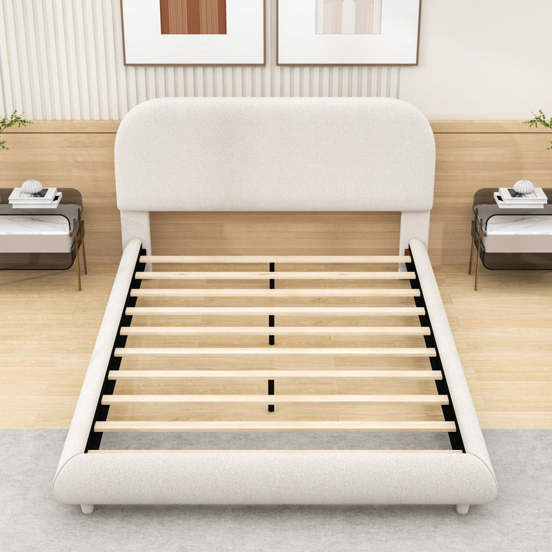 Lit plateforme tapissier avec tête de lit et pieds centraux Teddy, Beige, Double