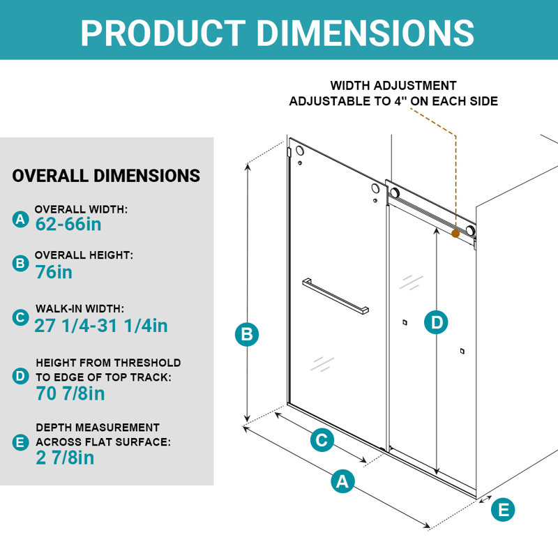62–66" W x 76" H Modern Frameless Double Sliding Shower Door with 3/8" Tempered Glass  and Stainless Steel Hardware, Brushed Nickel
