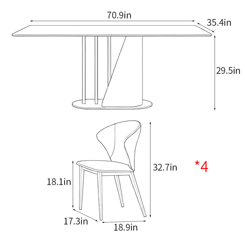 Luxury modern simple rectangular dining table sets, 29.5"H x 70.9"L x 35.4"W