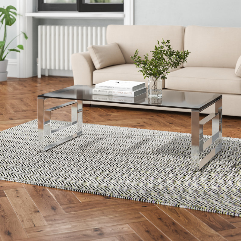 Acworth Rectangular Coffee Table for Living Room Furniture, 120cm Centre Table, Smoke Black Top/Silver Base