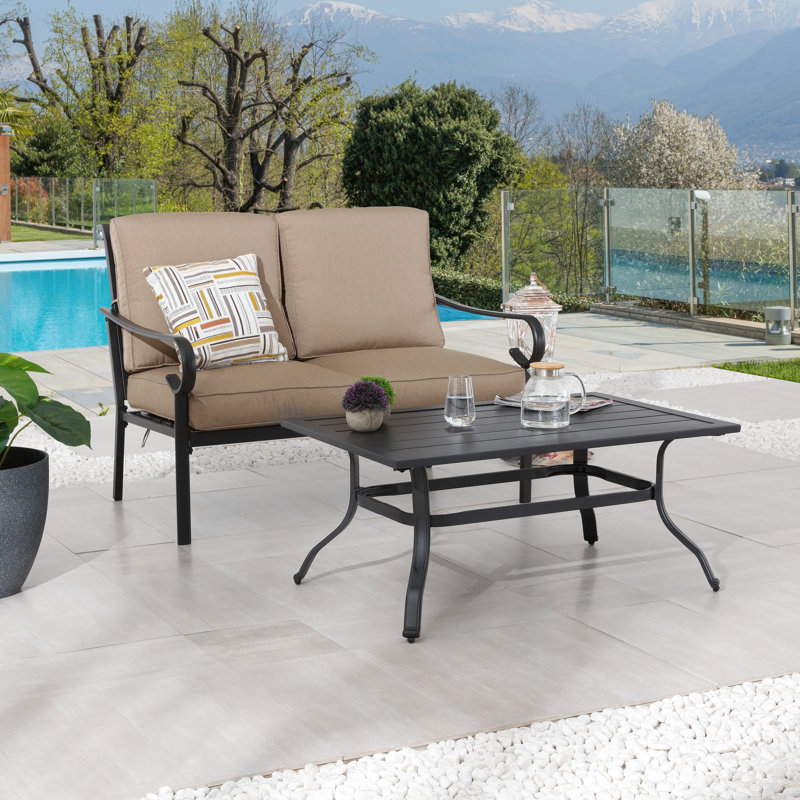 Ensemble de conversation de patio 2 pièces en métal avec coussins et table basse à lattes, Beige