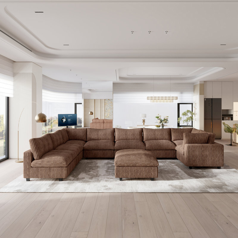 Canapé modulaire réversible en forme de U 9 pièces avec repose-pieds amovible, Fausse fourrure brune