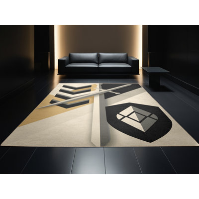 Soft Plush Durr Sword And Shield Modern & Contemporary Geometric Area Rug in Beige – Beige Binding