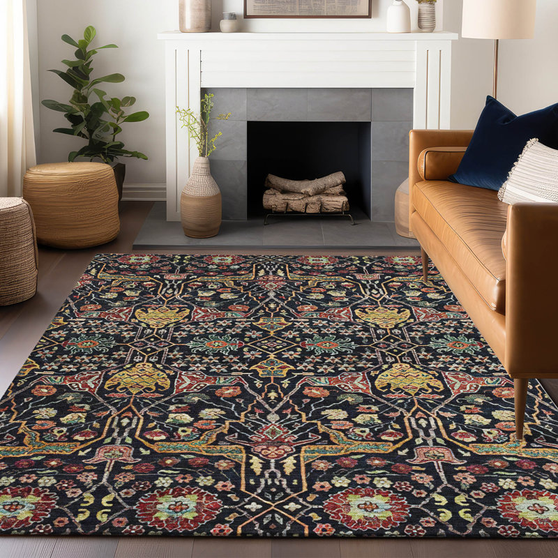 Black and Multicolor Synthetic Flat Woven Washable Rug